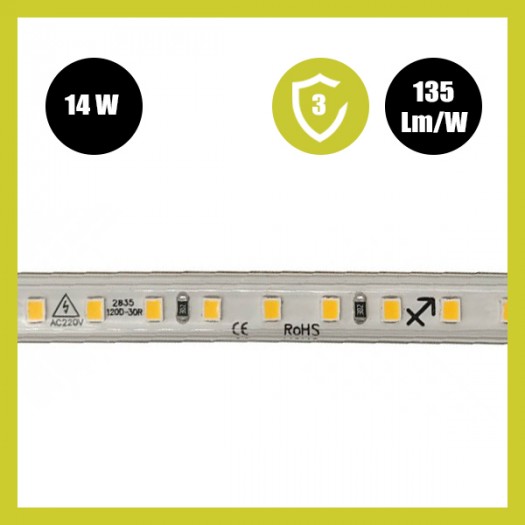 Tira LED 220V | 120xLED/M | 20m | SMD2835 | 1540Lm/M | 14W/M | IP67 | Corte Cada 10cm