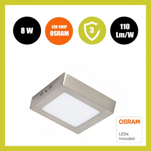 Plafón LED Cuadrado Superficie Acero Inox 8W 120º - CCT