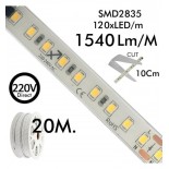 Tira LED 220V | 120xLED/m | 20m | SMD2835 | 1540Lm/M | 14W/M | IP67 | Corte cada 10cm