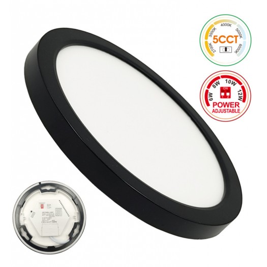 Plafón + Downlight LED - Circular- BONN Negro - Potencia Ajustable 12W - 10W - 8W - 6W - 5CCT - SMD2835 140Lm/W - IP44