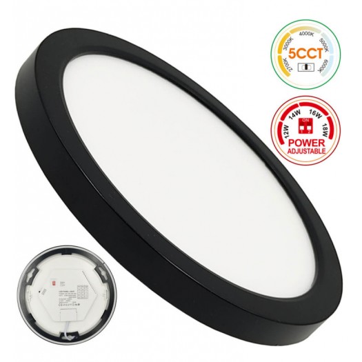 Plafón + Downlight LED - Circular- BONN Negro - Potencia Ajustable 18W - 16W - 14W - 12W - 5CCT - SMD2835 140Lm/W - IP44